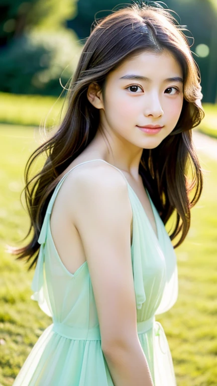 A real woman's face, ultra-modern Toho Japanese descent in fashionable clothes, gentle, elegant, mysterious beauty and color, full of innocent liveliness, a live-action version of the actress who is a daughter under the age of 13, natural innocence, Vibrant and vivid, natural transparency, delicate sense of life, human skin experience, kids, angel teens, juniors, Ayei Reiga harmonious young girl, Broad Lighting + natural, tiny thinner through swimming wear, Heaven Kinder Paradise princess,faint happy playful joy
