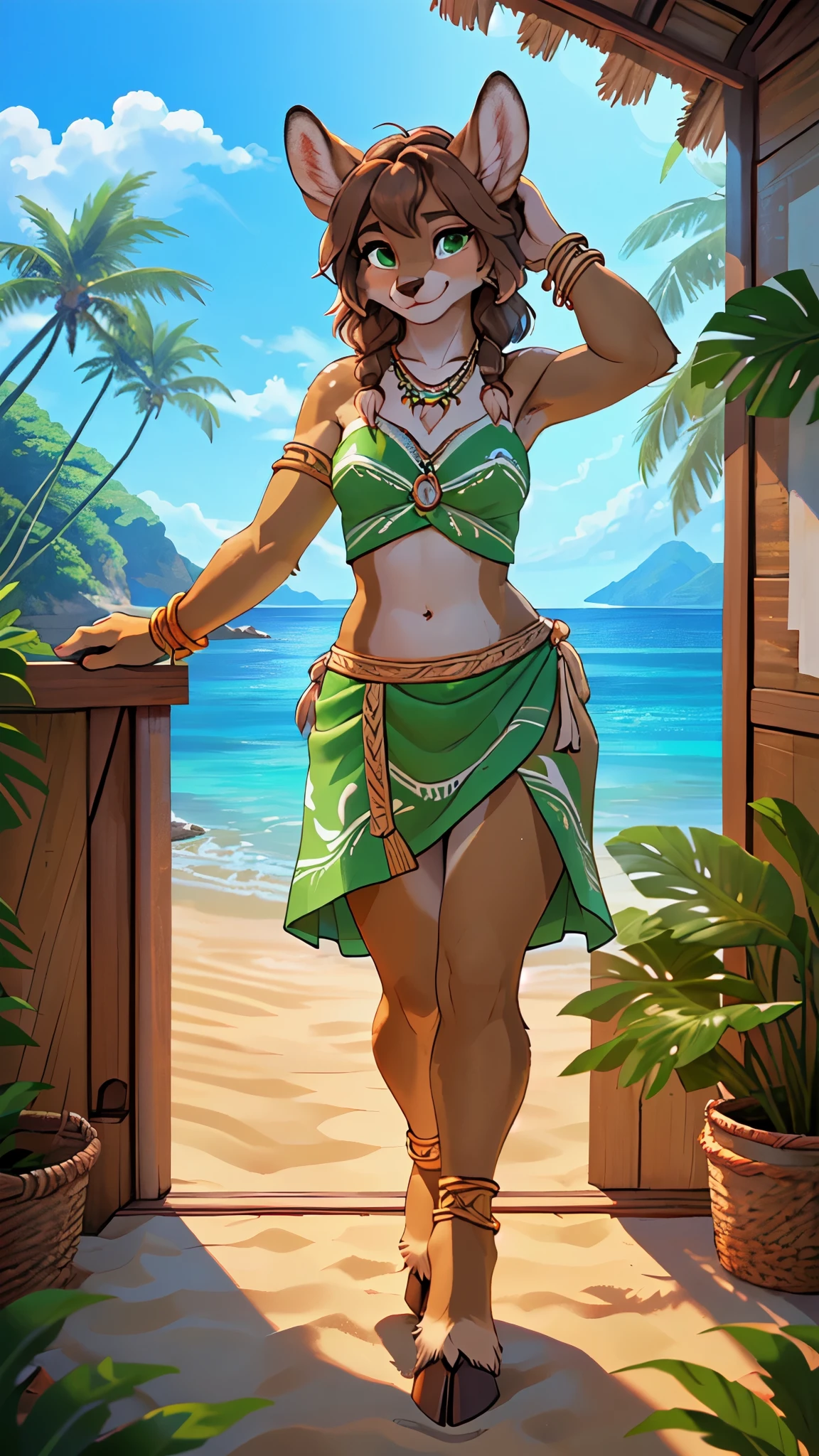 An illustrated movie poster, hand-drawn, full color, a teenage elven girl, wearing a sarong bikini, light brown skin, sun-tanned olive complexion, Mediterranean ethnicity, Amazonian body, very tall, athletic, hourglass figure, curvy, bottom-heavy, generous hips, massive bubble-butt, long legs, ridiculously thick powerful thighs, amethyst eyes, long pointy elf ears, ash brown hair, long loose waves, posing with butt facing toward camera, sunny Italian villa, wet glistening skin, hard shadows, graphite shading, stencil marks, airbrushed acrylic paint, masterpiece, in the style of Lord of the Rings