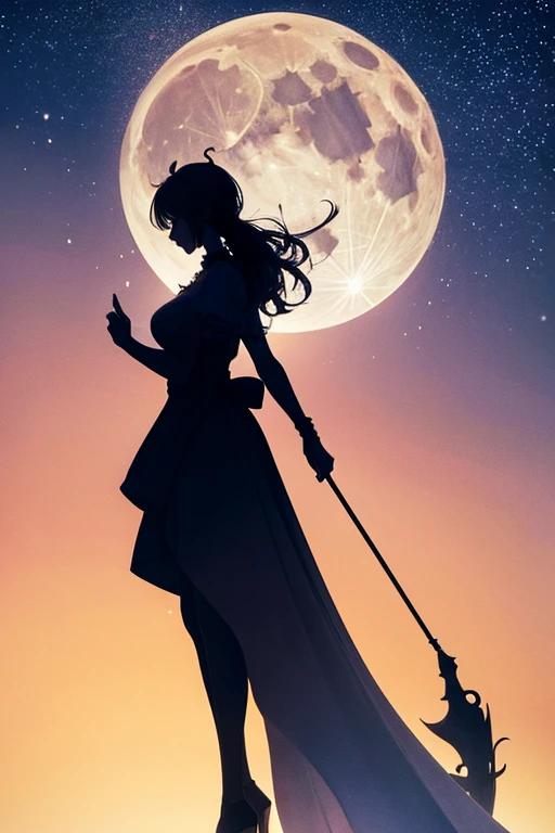 highest quality,Big moon and shadow,A silhouette of a person can be seen against the backdrop of a large moon.,There is one full moon,There is a mood,Beautiful scenery,Starry Sky