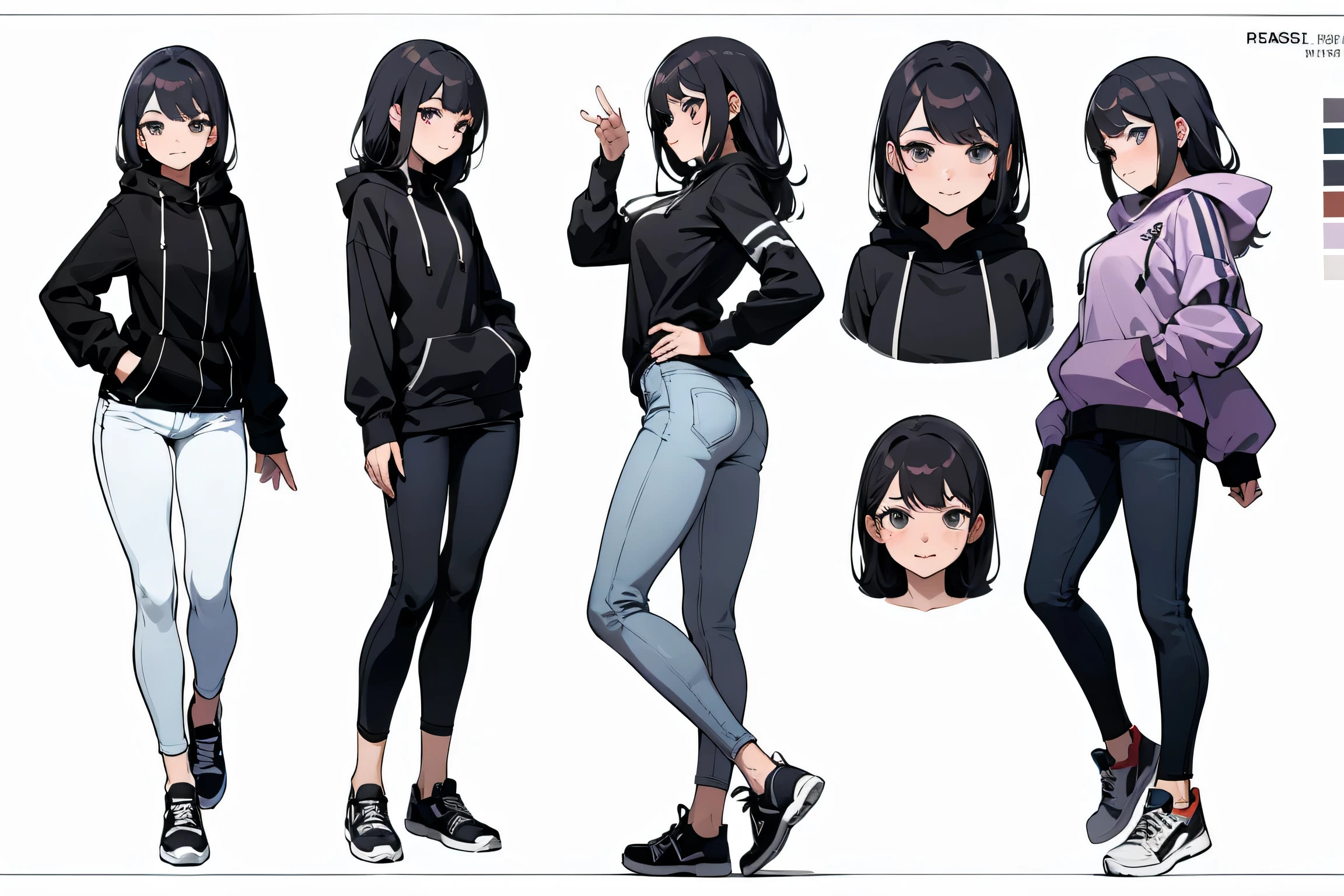 karapucha Remix Hints Copy hints highest quality, Detailed face, Character Sheet,(((Young woman:1.5))), ((whole body:1.2)), Full of details, Multiple postures and facial expressions, very detailed, Depth, ung woman, without bangs, (long hair, Gray sexy eyes, Straight hair, wearing heaphone, hoodie Jacket looks, medium breasts, High neckline, strap, Suspense, Skinny black jeans, White running shoes, Rocker style, sexy smile and pose,Discolored skin,