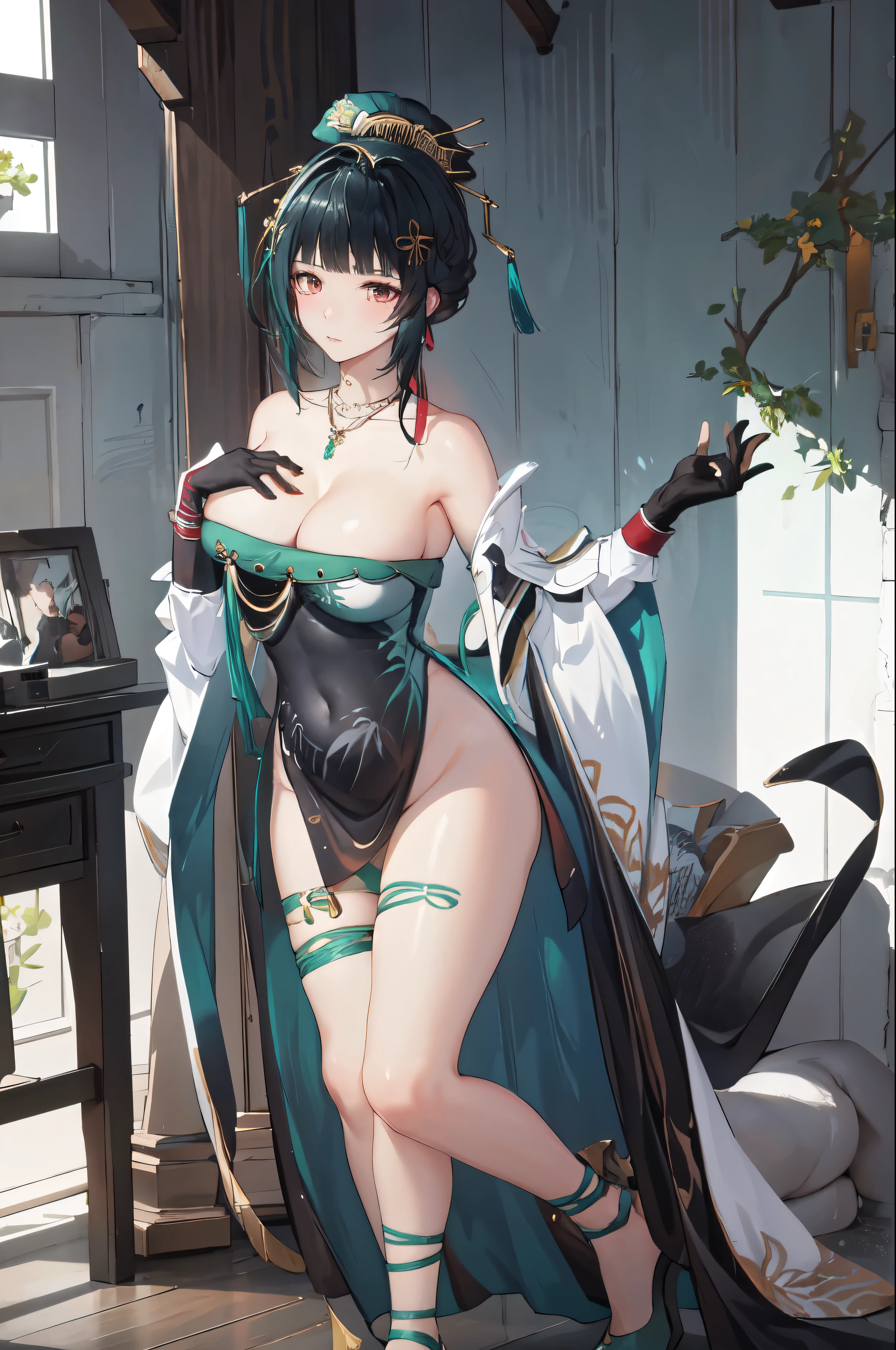 masterpiece, best quality BREAK solo, china dress, highres, 1girl, standing, (large breasts), mature female, hanying, Full body drawing, (masterpiece), (best quality), (hyperdetail), (illustration), ((extremely delicate and beautiful)), (detailed light), (prefect's body), full body drawing, Hanying, HanYing, sexy, sexy belly, sexy belly line, sexy belly button