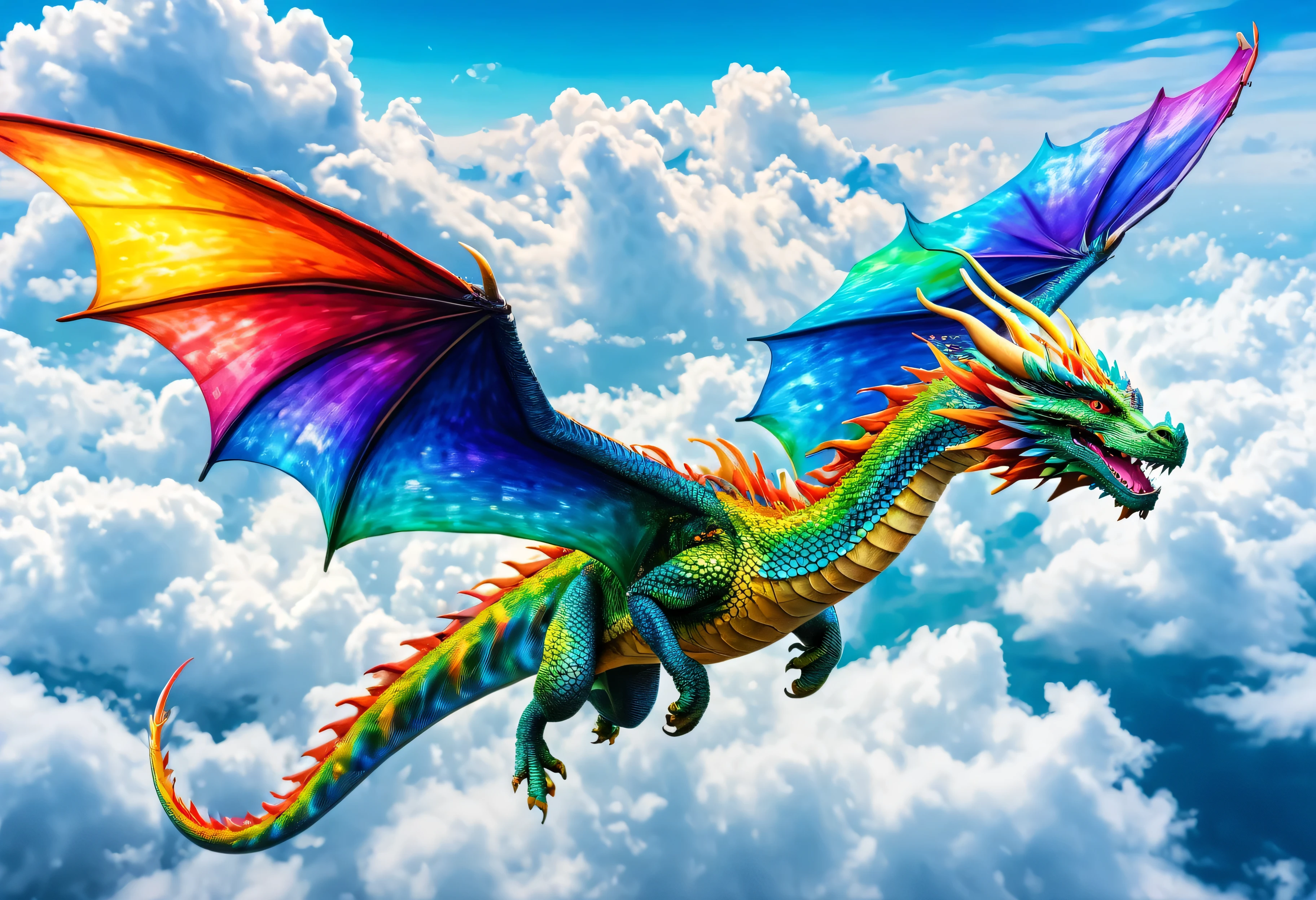 A vibrant dragon flying in the sky with clouds in the background, Colorful 8 k, Colorful HD images, Long colorful dragon, Beautiful and colorful, Highly detailed digital art in 4K, Vibrant and realistic colors, Colorful scales, Beautiful Art UHD 4K, Painted in vibrant watercolors, Beautiful digital painting, Colorful dragon, Colorful 4K, Beautiful colorful