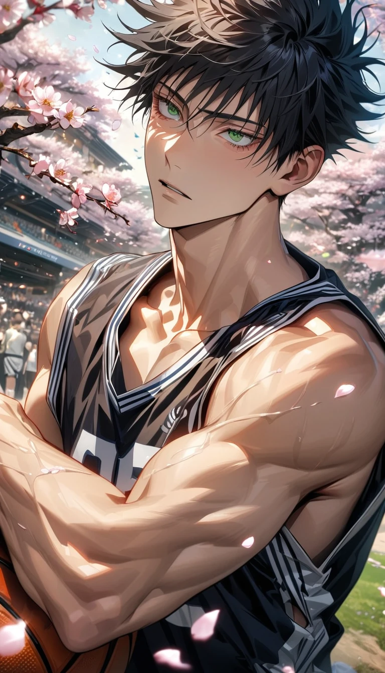 absurdres, highres, ultra detailed, HDR, masterpiece, extremely detailed face and eyes, Fushiguro Megumi, black hair, expressive green eyes, Jujutsu Kaisen, solo, sexy man, handsome, basketball uniform, spring, blossoms, petals, birds