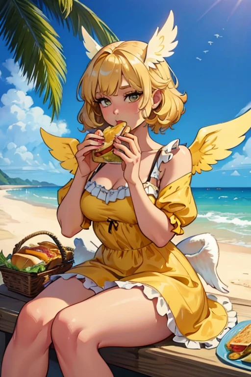 A blonde haired female angel in a cute yellow ta dress with hazel eyes and golden wings is eating a sandwich at the beach