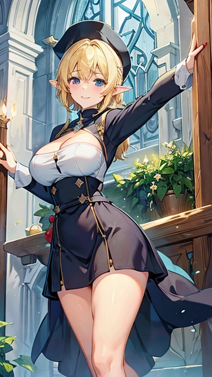 Cathedral、Elf、Blonde、clergyman、smile、Big Breasts、Very large breasts、Cleavage、Very short skirt