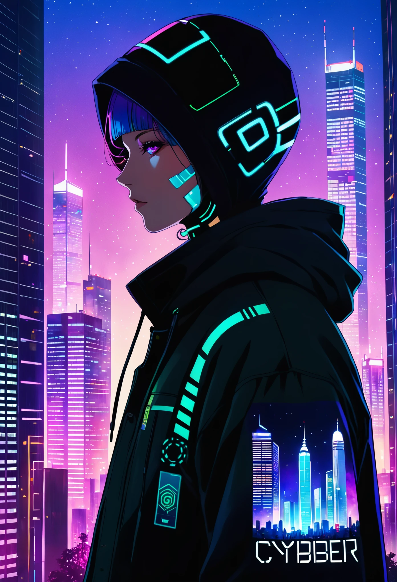 (bright cityscape pattern on clothes:2.4),(wide hood:1.4),(hood worn:3.1),solo,jacket,glowing,hooded jacket,((((((tall cyber building background:2.2)))))),(from side:1.5),black hair,1girl,(vivid glow print on hood:1.8),(blue-purple gradient hooded jacket:1.7),building,looking at viewer,upper body,closed mouth,long sleeves,bangs,outdoors,purple eyes,city,science fiction,profile,multicolored hair,cyberpunk,signature,glowing eyes,sky,urban motif on the hood,vivid color,cyberpunk style,double exposure,(silhouette face:1.5),night,glowing neon,(looking_away:1.2),(don't look at the audience:1.1),