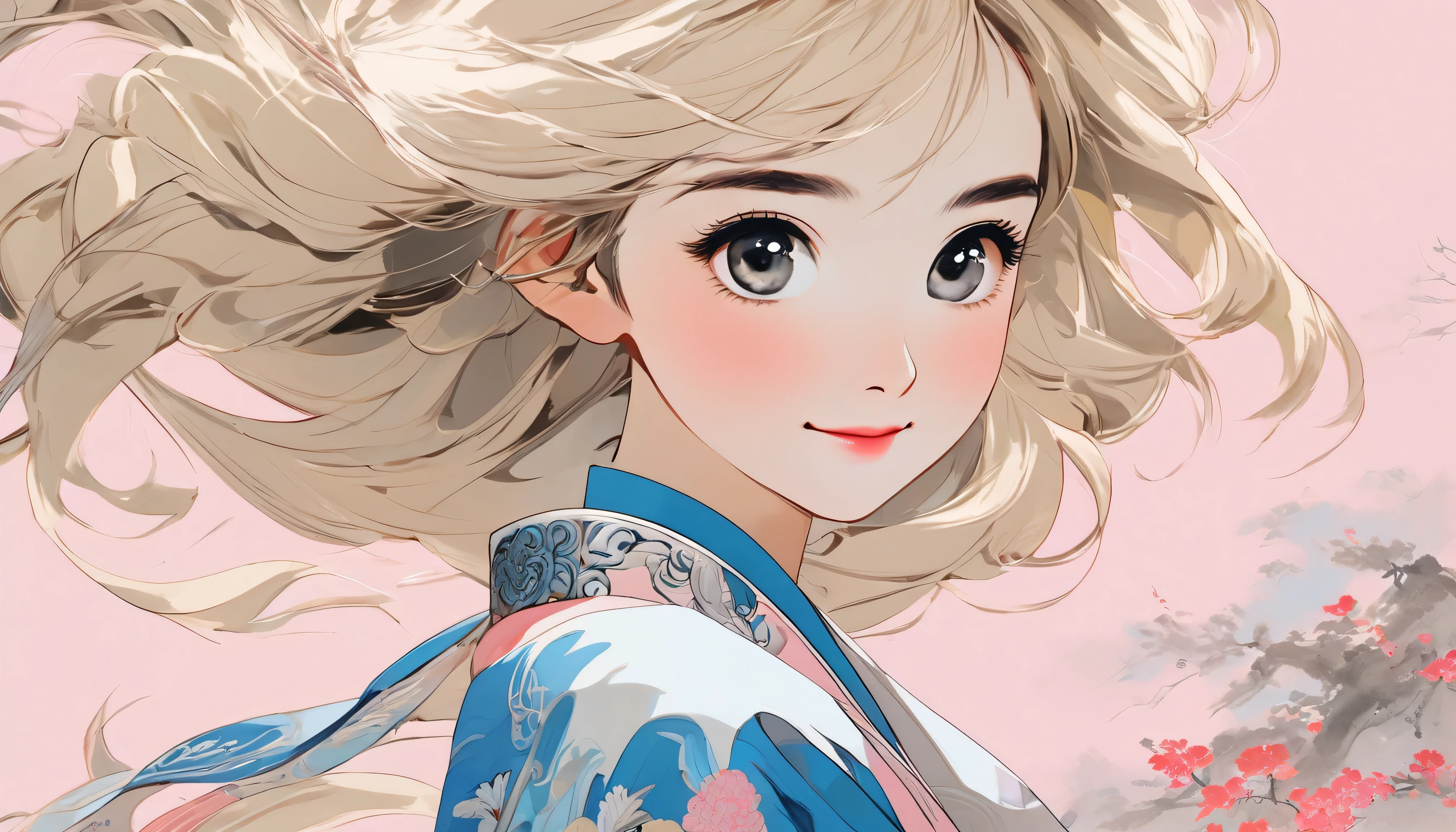 {{masterpiece, best quality, extremely detailed CG, unity 8k wallpaper, cinematic lighting}}, traditional Chinese ink painting, young woman Asian with blonde hair, prominent protagonist, smile, big eyes, beautiful detailed eyes, hopeful look, looking at the audience. pink background