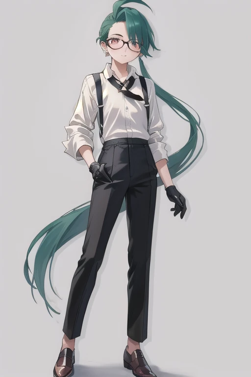 ((highest quality)), ((masterpiece)), (be familiar with),One girl,Chile,White Eyes,Earrings,Small breasts,Flat Chest,Black tie,shirt,White shirt,suspenders,Black gloves,Black trousers,shoes,good looking,Glasses
