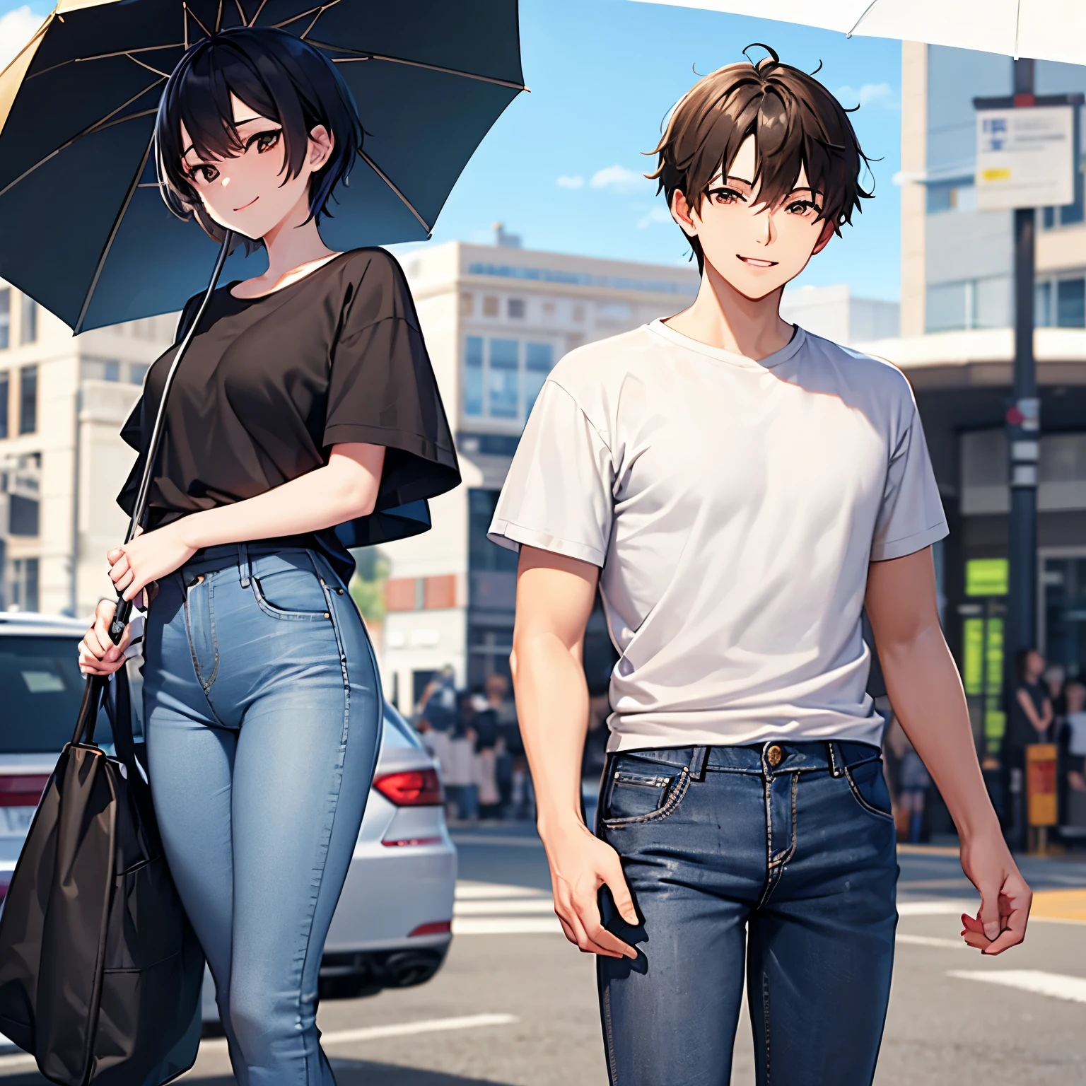One Man、Black Hair、Short Hair、Brown eyes、White T-shirt、jeans、holding a black umbrella、smile、Whole body composition