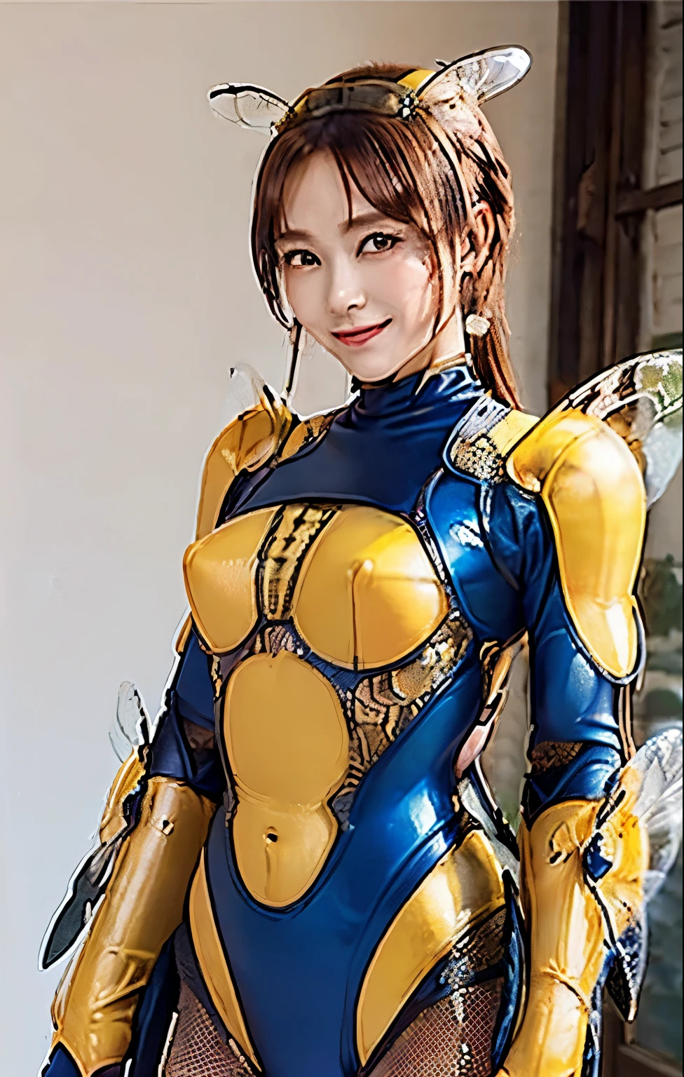(high resolution,masterpiece,best quality,extremely detailed CG, anime, official art:1.4), realistic, photo, amazing fine details, all intricate, gloss and shiny,awesome many layers, 8k wall paper, 3d, sketch, kawaii, illustration,( solo:1.4), perfect female proportion,villainess, (fusion of queen bee and lady:1.4), (queen bee form lady:1.2), (queen bee lady:1.2), (fusion:1.2), (solo:1.4), (evil smile:1.2), muscular, abs, (queen bee exoskeleton bio insect suit:1.4), (queen bee exoskeleton bio insect armor:1.2), (brown transparency queen bee wing:1.4), (brown queen bee antennae:1.3),