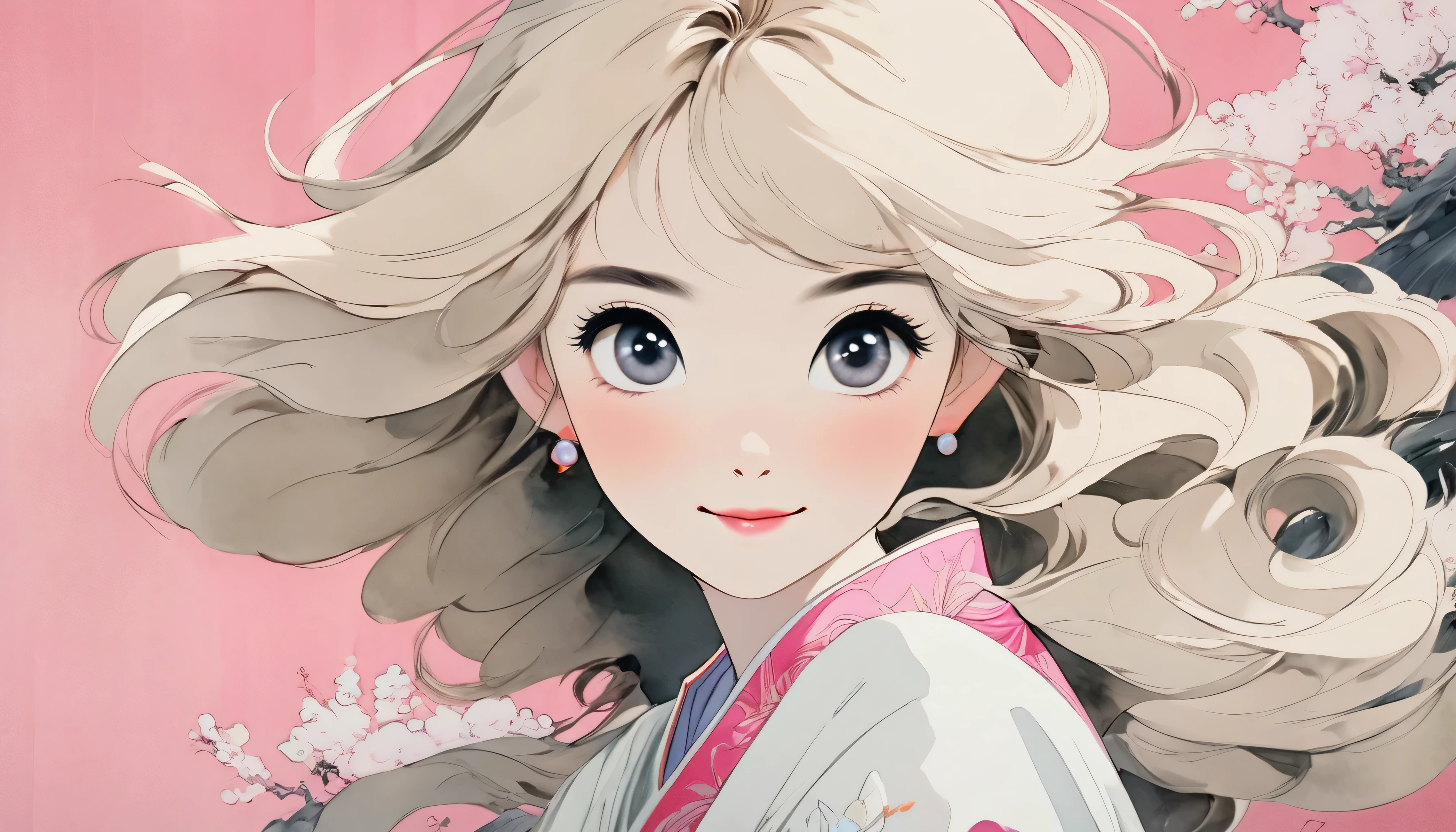 {{masterpiece, best quality, extremely detailed CG, unity 8k wallpaper, cinematic lighting}}, traditional Chinese ink painting, young woman Asian with blonde hair, prominent protagonist, smile, big eyes, beautiful detailed eyes, hopeful look, looking at the audience. pink background