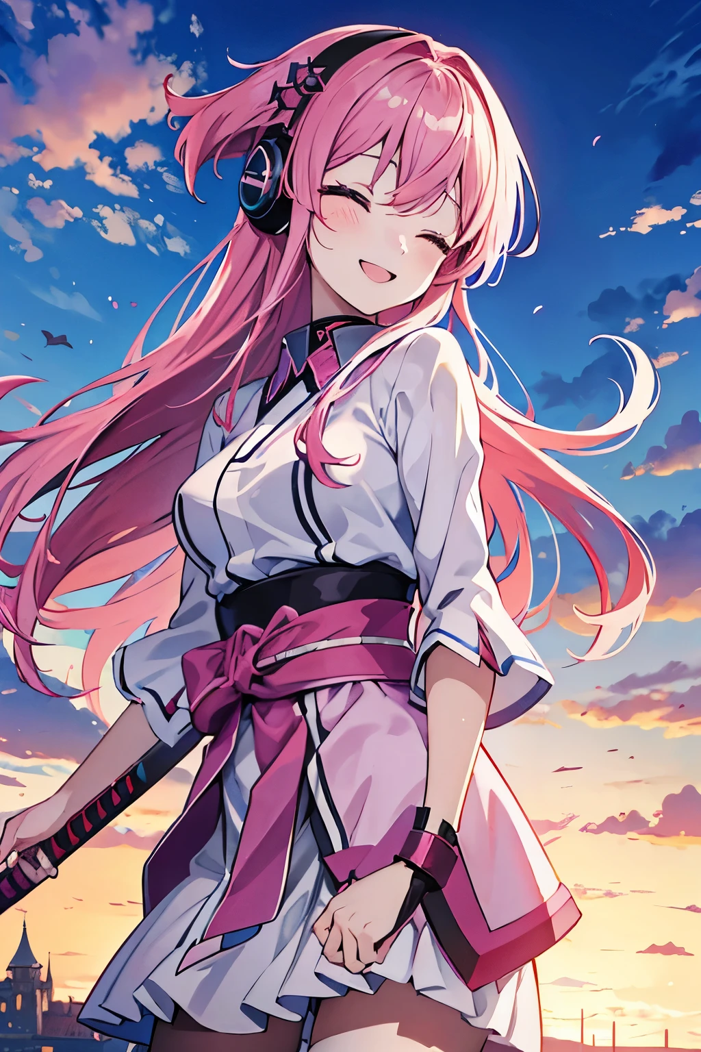 kawai anime girl looking at the horizon with a castle floating in the distance and people in the distance with powers, pink hair, happy, headphones on listening to music and dancing panorama mode image that shows the landscape and that the girl does not look at the camera and that her entire body is seen, with a smile on her face, closing her eyes, with a katana hanging on her anime waist, anime, anime!!! 4k