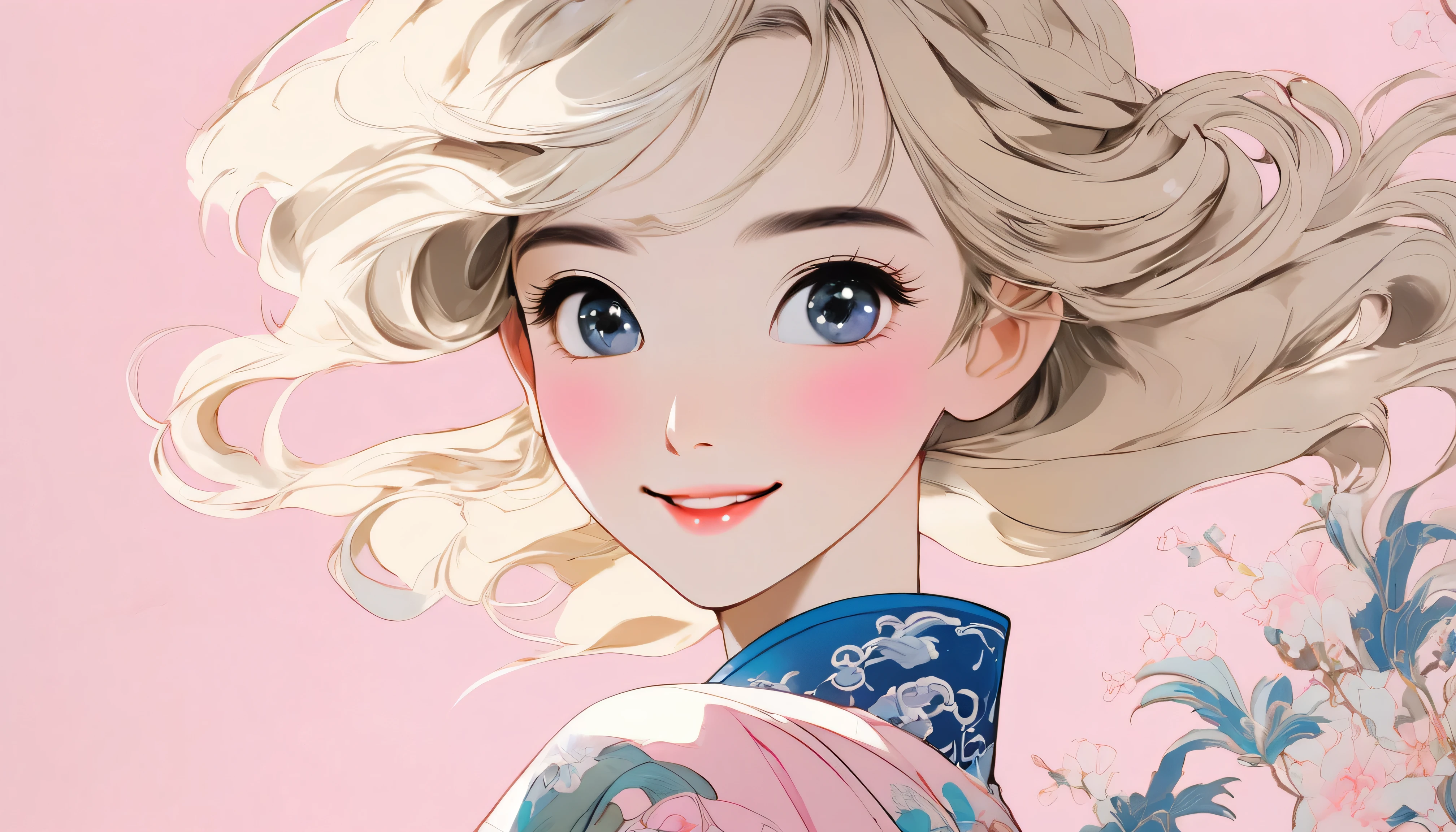 {{masterpiece, best quality, extremely detailed CG, unity 8k wallpaper, cinematic lighting}}, traditional Chinese ink painting, young woman Asian with blonde hair, prominent protagonist, smile, big eyes, beautiful detailed eyes, hopeful look, looking at the audience. pink background