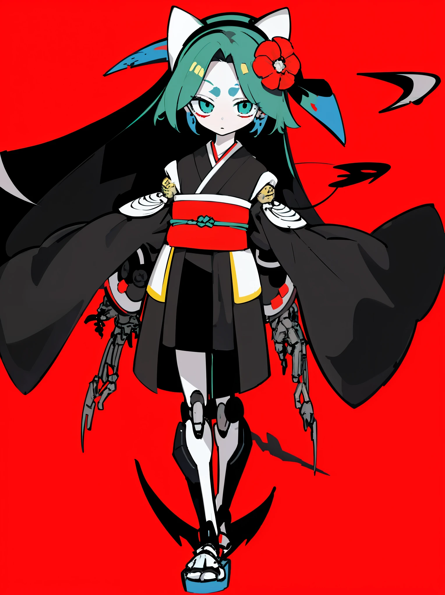 (Ultra Detailed,Ultra High Definition,Detailed Background),((2D)),((Flat Color)),((Colorful)),,1 Girl,Solo,Collapse,(full body standing), alone, masterpiece, top quality, 8k,dark green hair, top quality, masterpiece, very, eyes focus on beautiful eyes, japanese kimono, red licorice, hell flowers, ghost,  colorful background, masterpiece, top quality at best, revelation, , beautiful delicate light, beautiful delicate eyes, diaphragm, large forehead,onmyoji detailed art, oriental traditional art style, beautiful painting style, ukiyo style, biomechanical robot aesthetics, nightmare reality, cables, and microchips, creating surreal visual effects. Volumetric lighting and 8K post-production deliver ultra-detailed renderings, with shades of red and white accented with black.