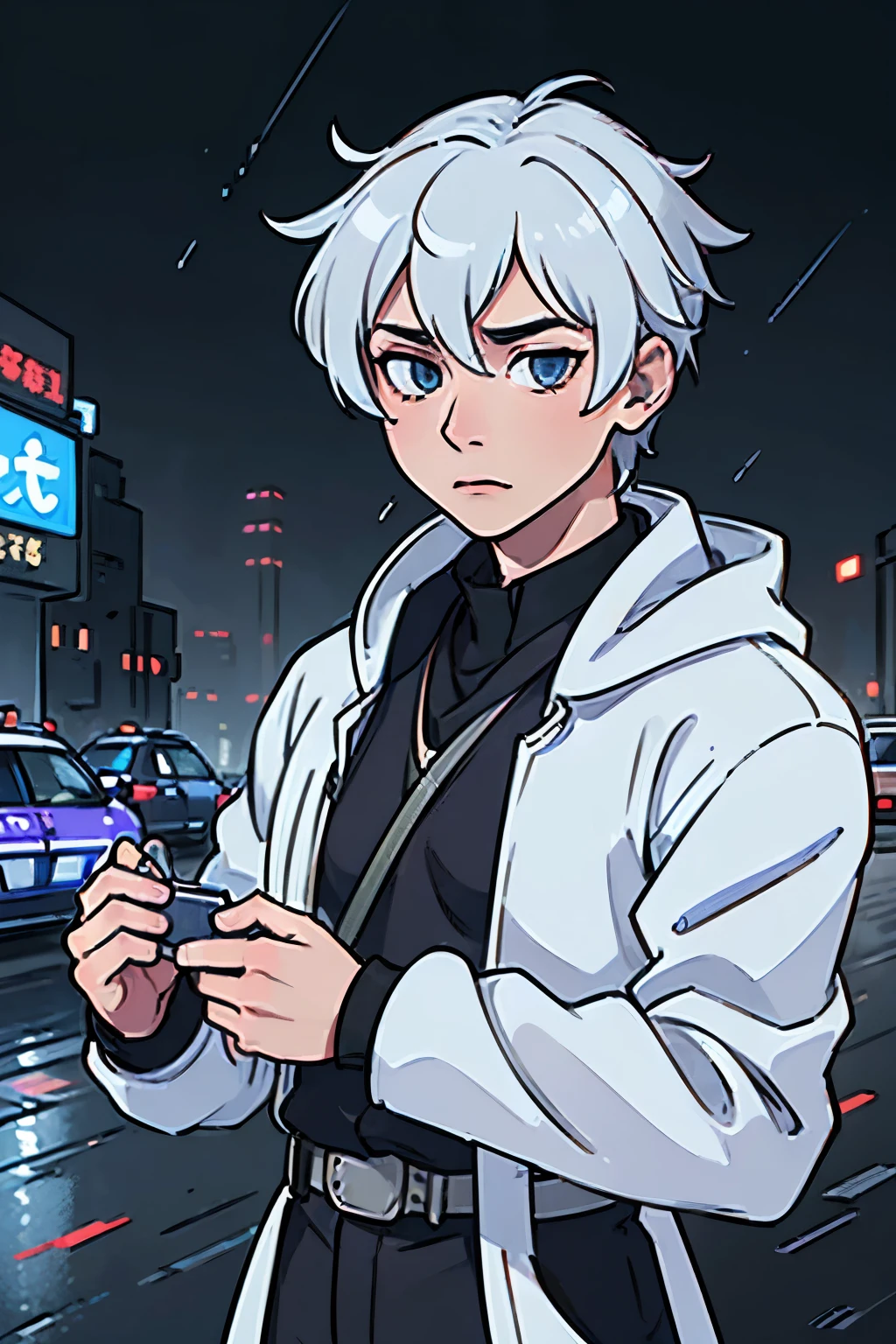 (best quality,4k,highres,masterpiece:1.2),ultra-detailed,(realistic:1.37),male,blueeyes,white hair,tuftresembling satoru gojo from jujutsu kaisen,controls a horde of primitive,mini robots,rainy background,steam punk,lights of police car in background