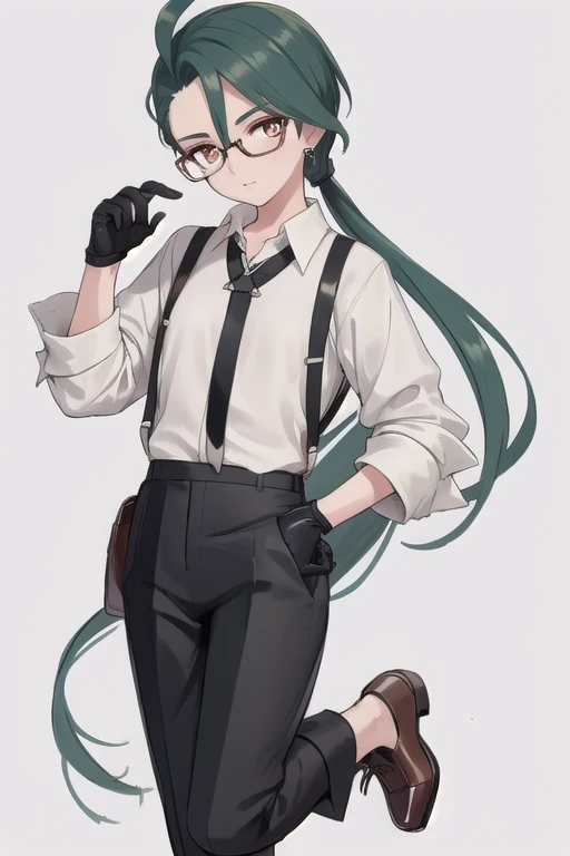 ((highest quality)), ((masterpiece)), (be familiar with),One girl,Chile,White Eyes,Earrings,Small breasts,Flat Chest,Black tie,shirt,White shirt,suspenders,Black gloves,Black trousers,shoes,good looking,Glasses