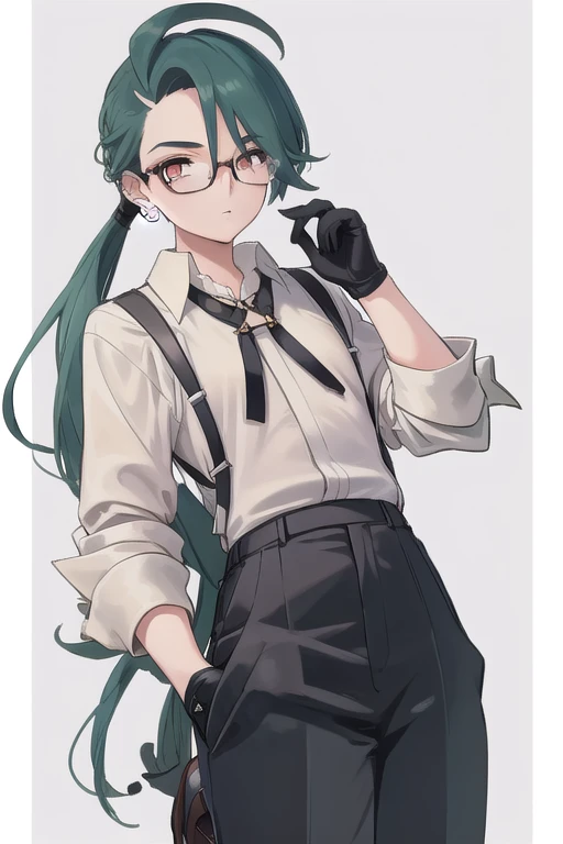 ((highest quality)), ((masterpiece)), (be familiar with),One girl,Chile,White Eyes,Earrings,Small breasts,Flat Chest,Black tie,shirt,White shirt,suspenders,Black gloves,Black trousers,shoes,good looking,Glasses
