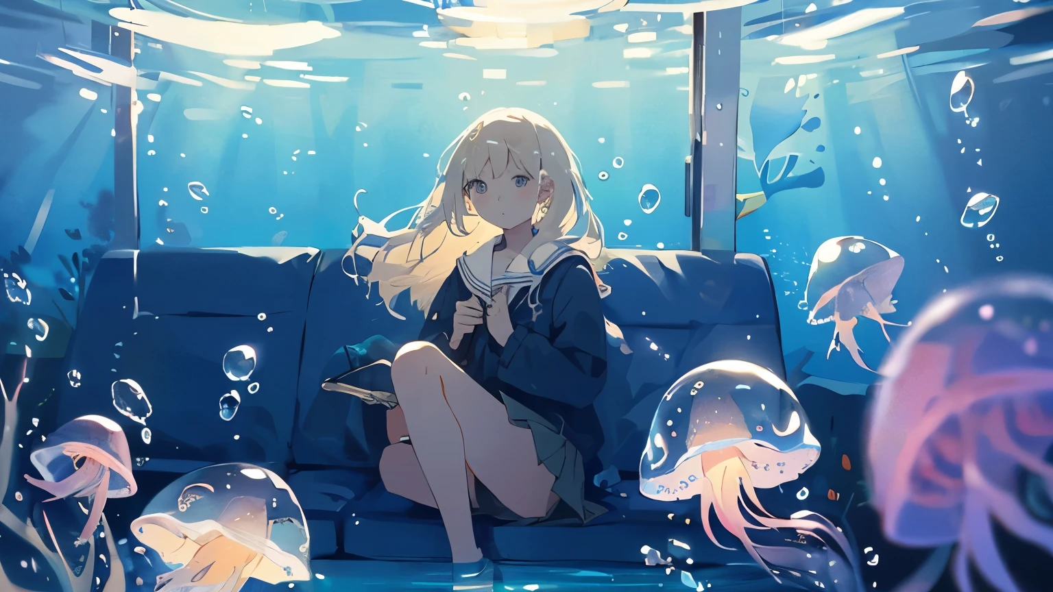 (masterpiece:1.3),(highest quality:1.2),8k,Confused,unity 8k wallpaper,(Very detailed:1.3),the best,High resolution,wonderful,shape,Beautiful studio soft light,Stunningly beautiful,incredibly Confused,Crisp details,Cinema Lighting,Moody lighting,Pixiv,Awards, Professional, Very detailed,Face in perfect detail,14 years old、
transportation facilities_Against_window, 1 girl, alone, Colorful long blonde hair, skirt, Long sleeve, Sitting, , Gray Hair, pleated skirt, shoes, serafuku, fish, bubble, Blue Theme, (Underwater:1.2), (air bubble:1.3), Inside the train, (Surreal:1.2), (jellyfish:1.2), (whale:1.1),(fish:1.2),Blurred foreground,
