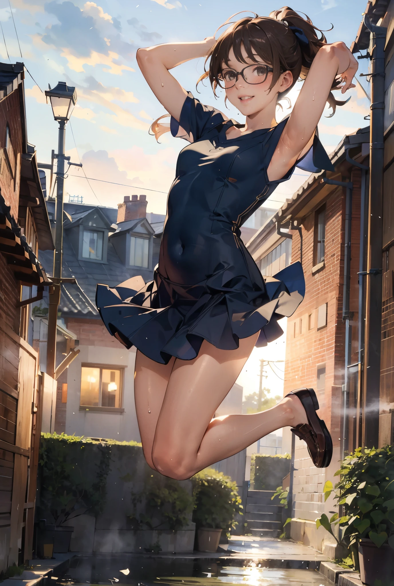 (super flat, flat shading), Honors Type, Really blushing, , girl, wearing short sleeves white one-piece dress:1.5, mini skirt fluttering in the wind, Loafer, ponytail brown hair, Glasses, sweaty healthy body, sweaty soaking wet full body, smile, bare legs, armpit, navel, ultra realistic, early morning, breeze, (jumping:1.2), in crowded public street, 