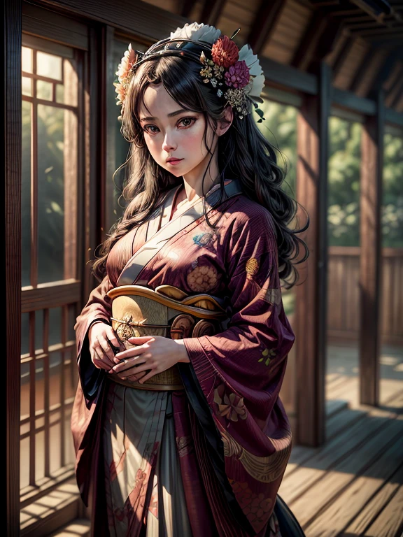 Japanese-style house、Sengoku period、it's raining、40 year old beauty、Holding a closed fan in her right hand、The weather is bad and it's dark