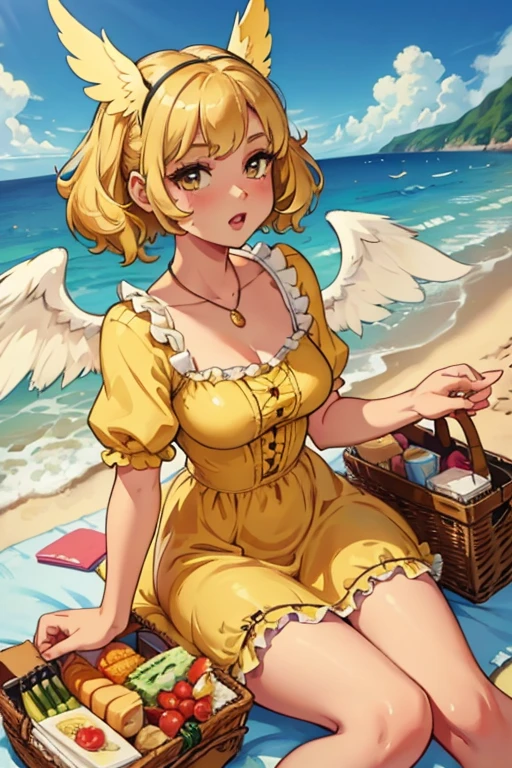 A blonde haired female angel in a cute yellow lolita dress with hazel eyes and golden wings is eating a sandwich at the beach