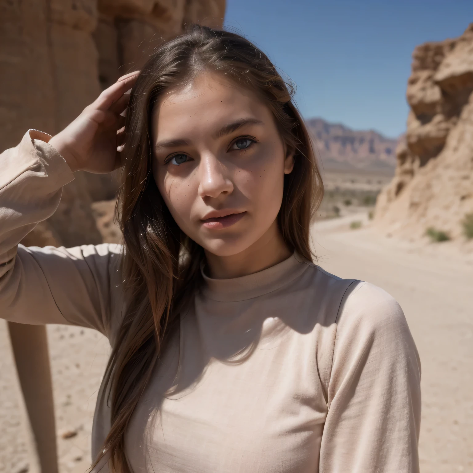 photo of a college student, in Desert Color Coarse Linen Pink, futuristic space suit, (freckles:0.8) cute face, sci-fi, dystopian, detailed eyes, Heterochromia eyes((Side view))