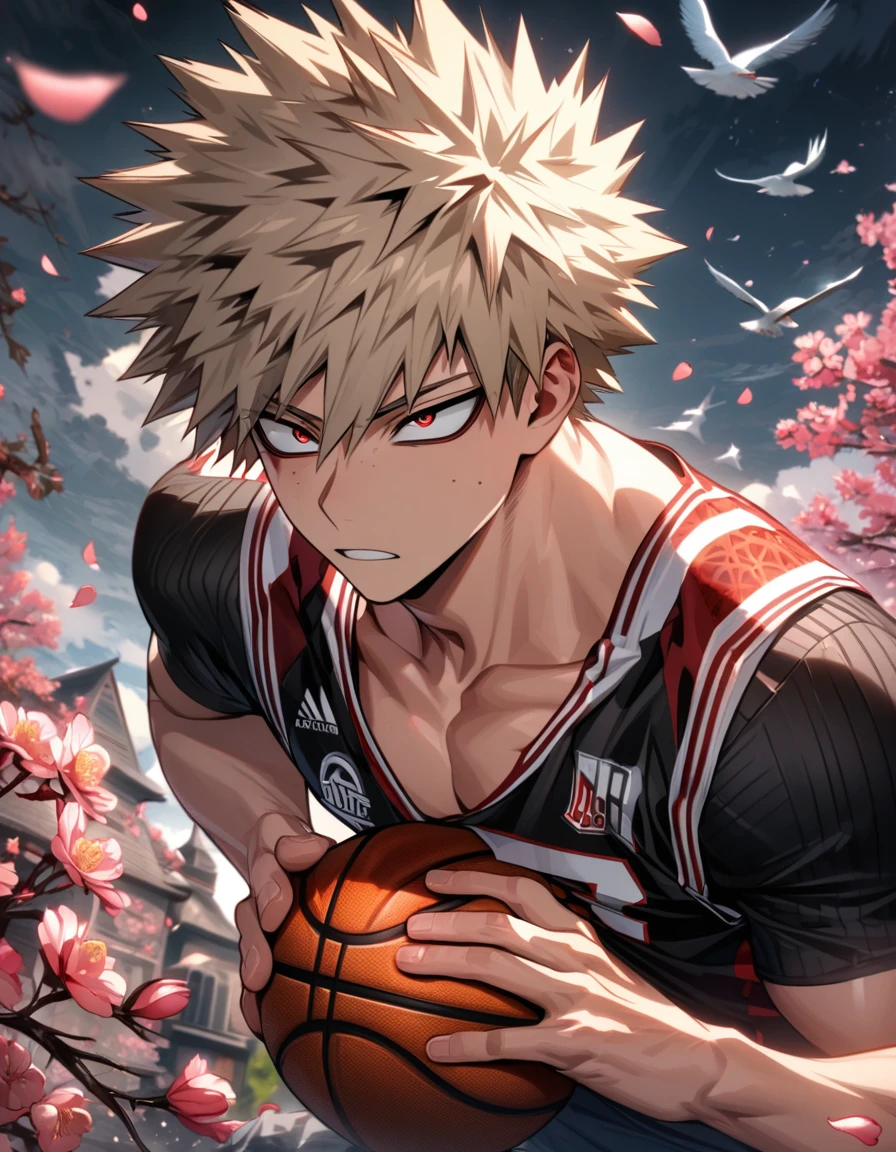 Ultra detailed, Highres, HDR, absurdres, Bakugo Katsuki, ash blond hair, expressive red eyes, patterns, Boku no Hero Academia, black tight shirt, sexy man, handsome, solo, extremely detailed face and eyes, petals, blossoms, spring, birds, toned chest, master piece, basketball uniform,