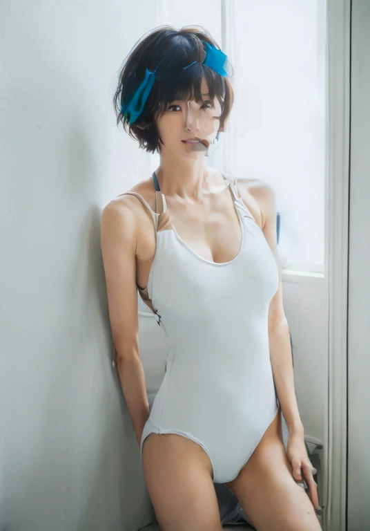 ((Top Quality, 8k, Masterpiece: 1.4)), japanese woman, ((short cut, skinny:1.4)), ((30 years old:1,0)), ((looking at viewer:1.4)), inside bedroom, large breasts, swept bangs, ((competitive white swimsuit:1.2))