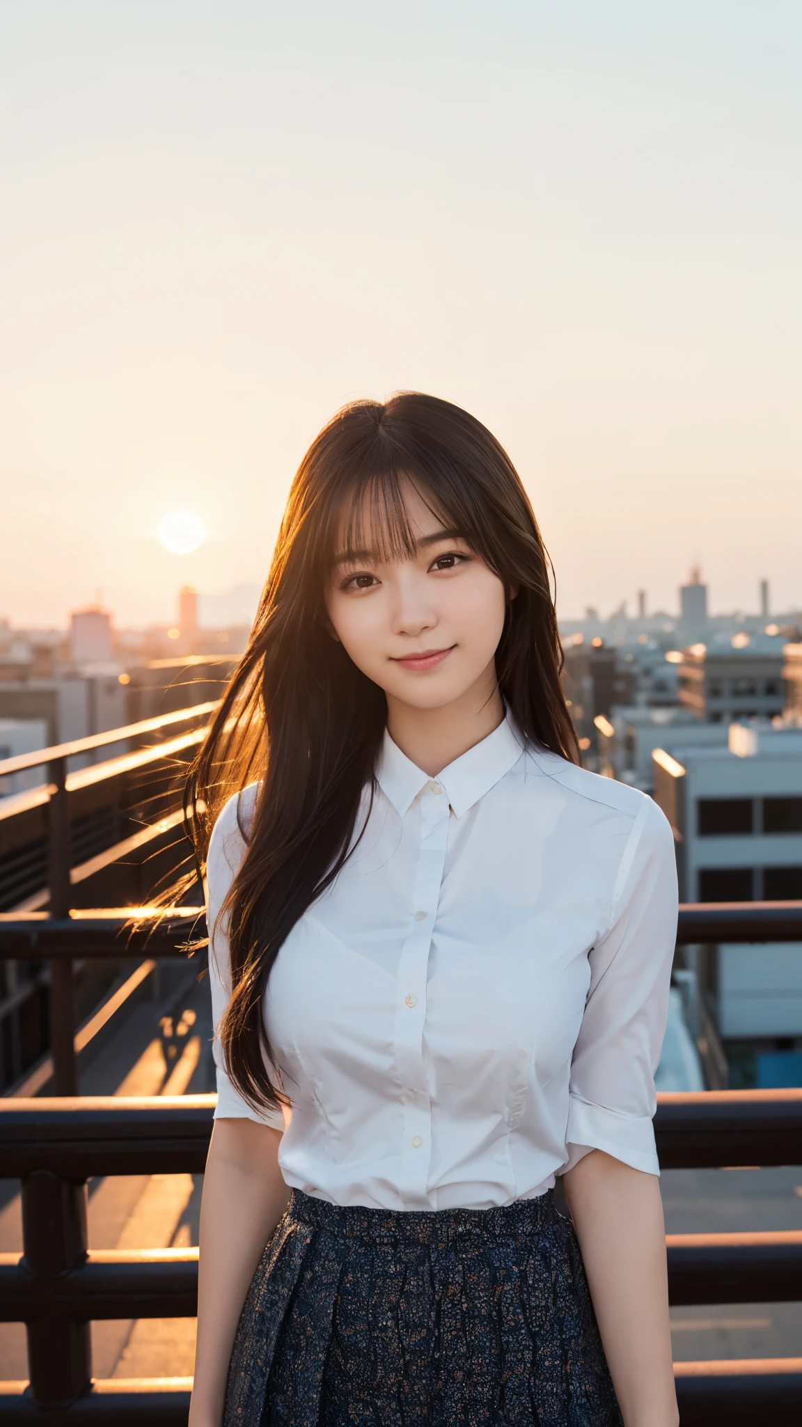 (highest quality,masterpiece:1.3,Ultra-high resolution),(Super detailed,Caustics,8k),(Photorealistic:1.4,RAW shooting),Buckshot,Japanese,23 years old,cute,Are standing,(Smiling and looking at the camera),Black Hair Middle Hair,Big Breasts,White blouse,Knee-length skirt,Strong winds,Hair blowing in the wind,Rooftop,Backlight,Sunset,Sunset sky,Waist up shot,Natural light