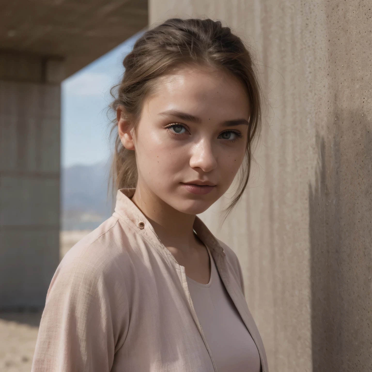 photo of a college student, in Desert Color Coarse Linen Pink, futuristic space suit, (freckles:0.8) cute face, sci-fi, dystopian, detailed eyes, Heterochromia eyes((Side view))