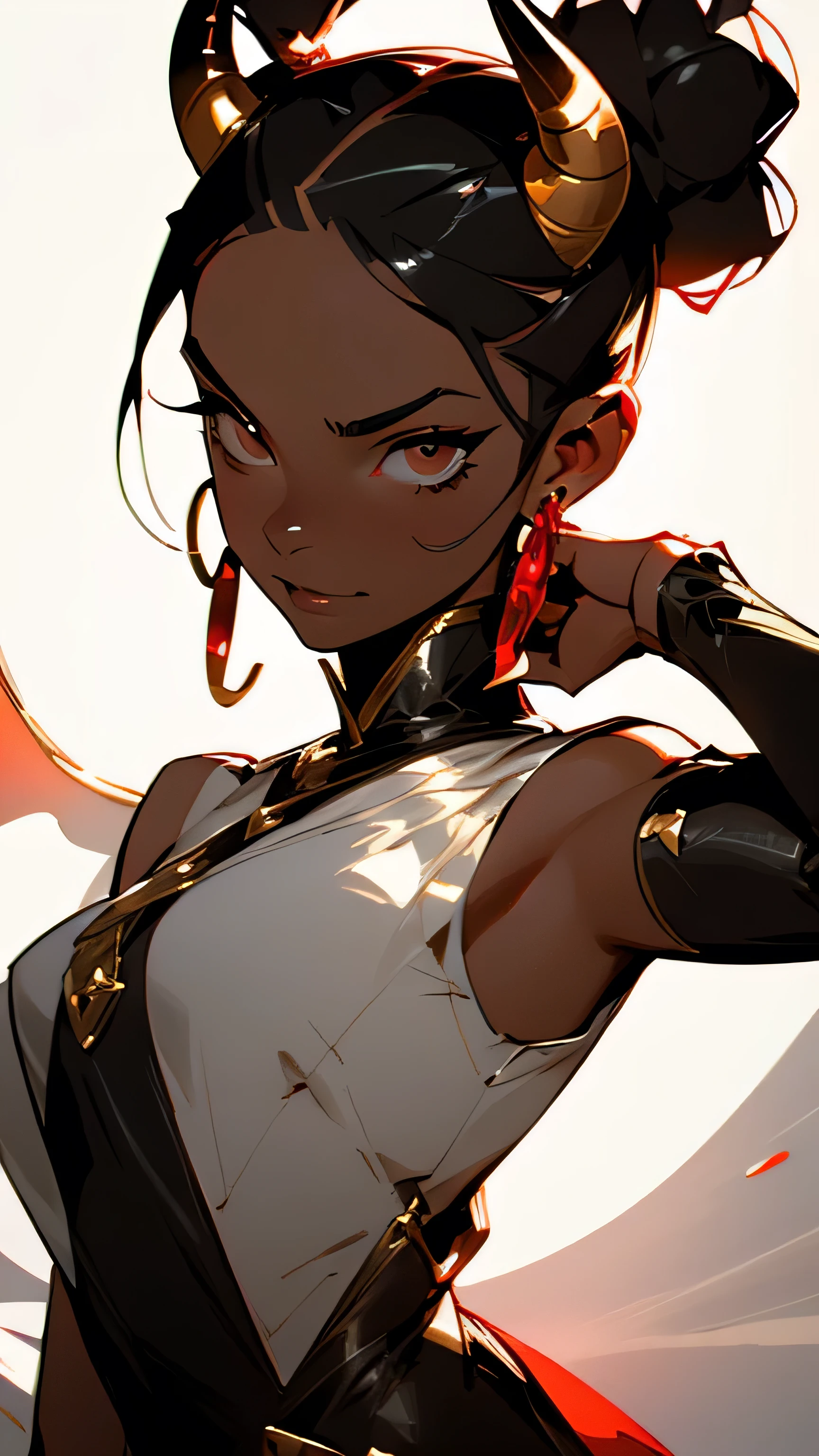 [devil girl], [brown skin], [egyptian jewelry], ((brown skin)), (light brown eyes), ((black horns)), ((devil)), [white dress], ((black hair)), (top bun), (((1girl))), looking at camera, seductive