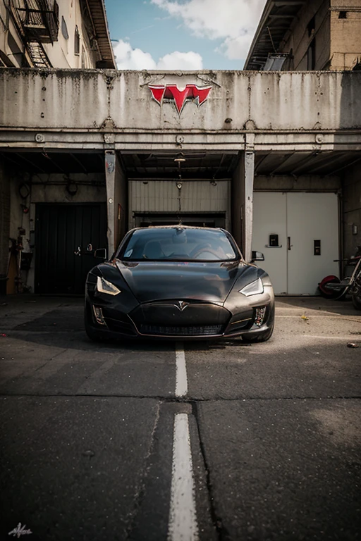 Retrato de arte de rua grande angular inspirado em Banksy, (Garagem da cidade de Gotham) (Tesla Batmobile) Tesla {{{Batmobile}}}, Uma maravilha da engenharia e do design, Casar na moda, The futuristic aesthetic of Tesla&#39;s design spirit with the menacing and formidable characters of the Batman attraction. Deep deck, Brilho ????? obsidiano，Parece estar bebendo a luz ao seu redor, Carros exalam poder silencioso, Era como se o ar ao seu redor estivesse cheio de potencial primordial. Its silhouette and lines are aggressive and elegant, Predadores prontos para atacar, Em total contraste com as pessoas imundas, Urban expansion of Gotham City garages.