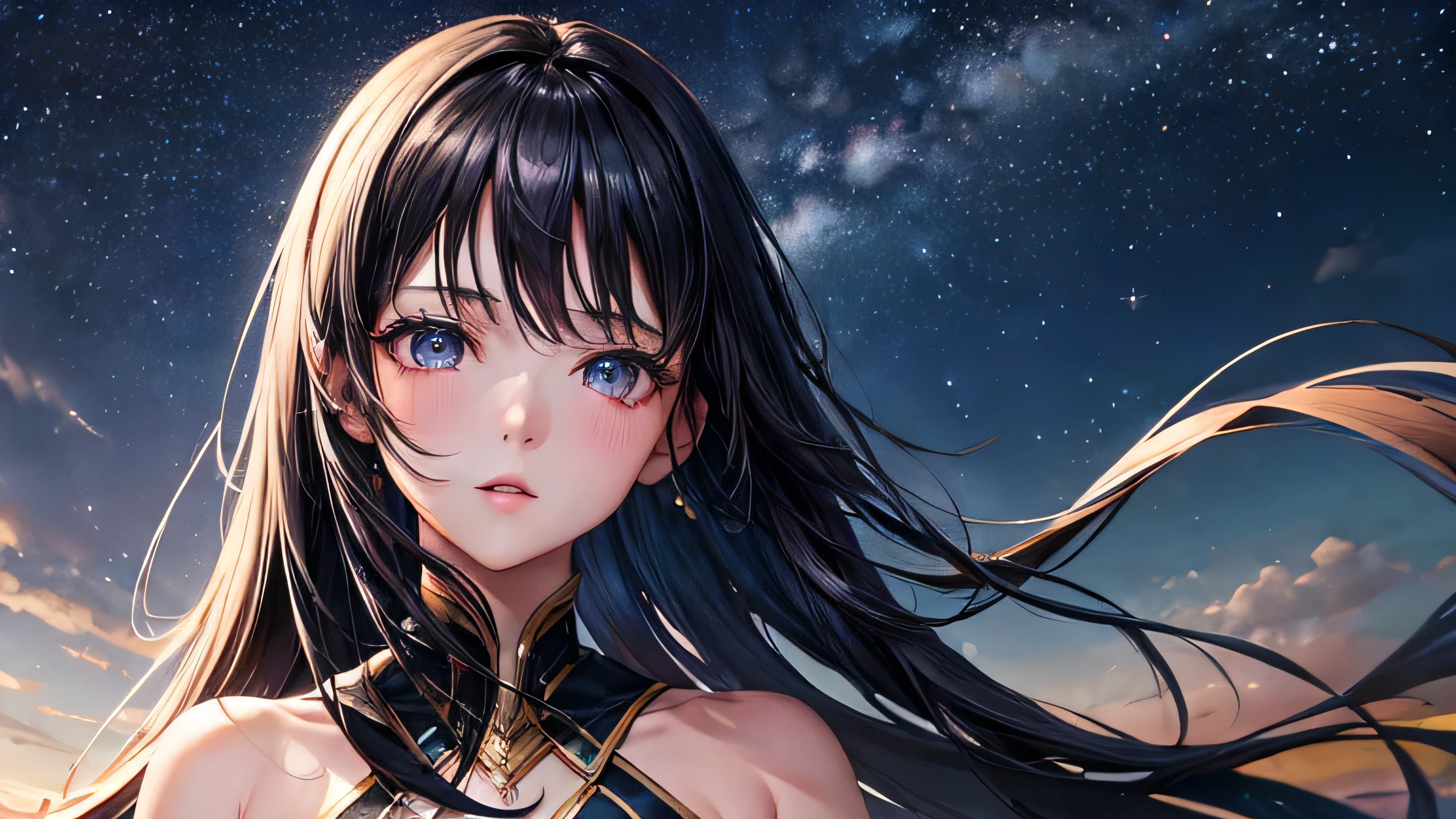 Starry Sky One female Black Hair bustling street midnight Long Silky Straight Beautiful Skin Beauty High quality, high definition facial expressions High quality, high definition eyes High quality, high definition costumes