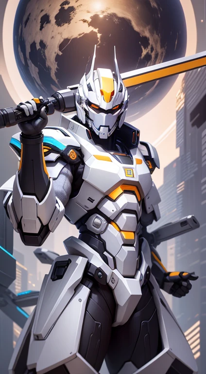 A half-length portrait of a white mecha man。side（from side），The subject is on the right side of the screen，Facing left。Jazz drum on shoulder（Snare）element。The mecha has text logo，Blocky and layered mecha structure；pure white background，solid color background。C4D or 2.5D style；Production-level rendering，Rich ambient light，Highlight Smoothing；blending, reflection light, Surrealism, Futurism, Art Deco。16K，Ultra HD quality，Award-winning workasterpiece。