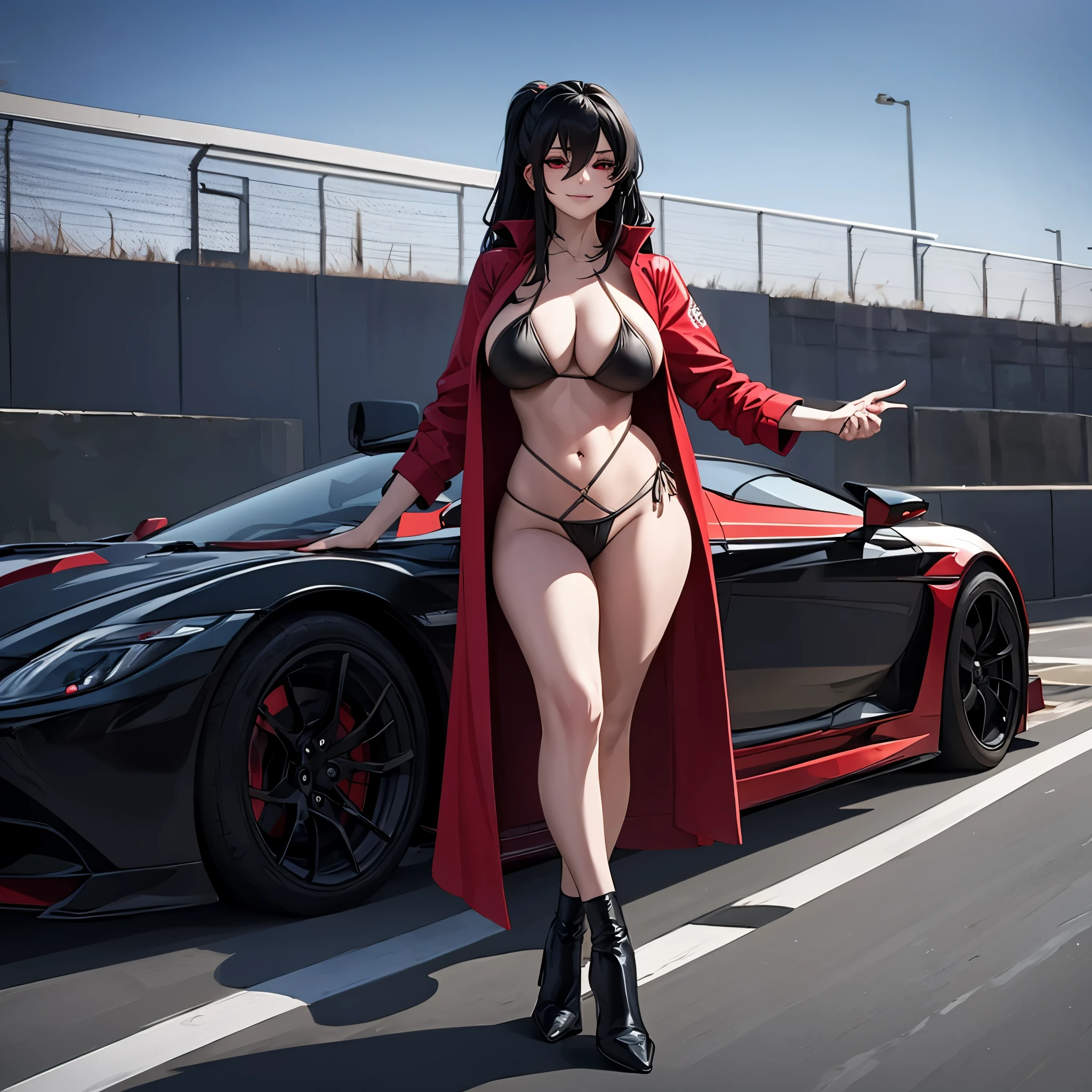 a woman wearing a long open red coat, wearing a black bikini, sunglasses on her head, smiling, long black stockings, long black hair, red eyes, full body, in a traditional racetrack next to a red racing car, holding a racing flag, perfect racing car with no bad detail, car next to the woman, night location, with lighting in place,(woman solo), HDR, ultra resolution, sharp, masterpiece, 8K HD