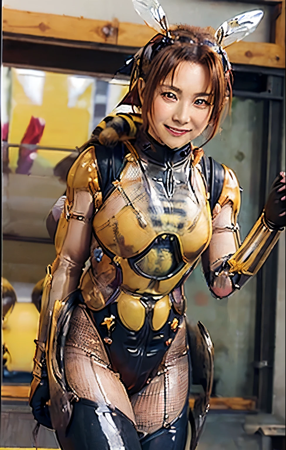 (high resolution,masterpiece,best quality,extremely detailed CG, anime, official art:1.4), realistic, photo, amazing fine details, all intricate, gloss and shiny,awesome many layers, 8k wall paper, 3d, sketch, kawaii, illustration,( solo:1.4), perfect female proportion,villainess, (fusion of queen bee and lady:1.4), (queen bee form lady:1.2), (queen bee lady:1.2), (fusion:1.2), (solo:1.4), (evil smile:1.2), muscular, abs, (queen bee exoskeleton bio insect suit:1.4), (cockroach brown exoskeleton bio insect armor:1.2), (brown transparency queen bee wing:1.4), (brown queen bee antennae:1.3), sexy