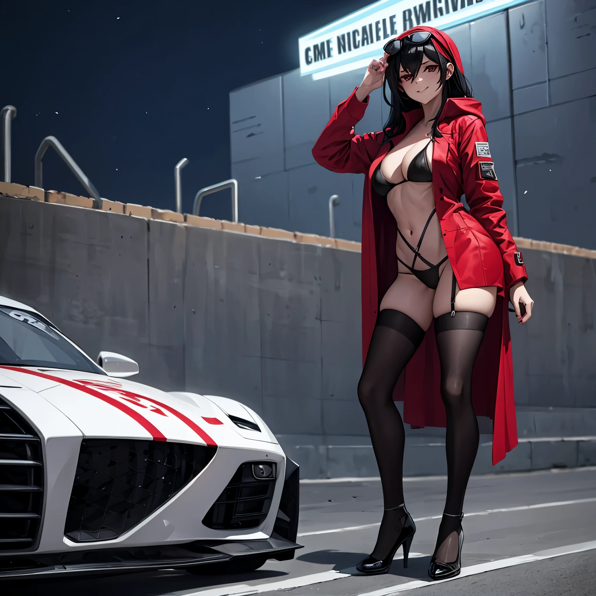 a woman wearing a long open red coat, wearing a black bikini, sunglasses on her head, smiling, long black stockings, long black hair, red eyes, full body, in a traditional racetrack next to a red racing car, holding a racing flag, perfect racing car with no bad detail, car next to the woman, night location, with lighting in place,(woman solo), HDR, ultra resolution, sharp, masterpiece, 8K HD
