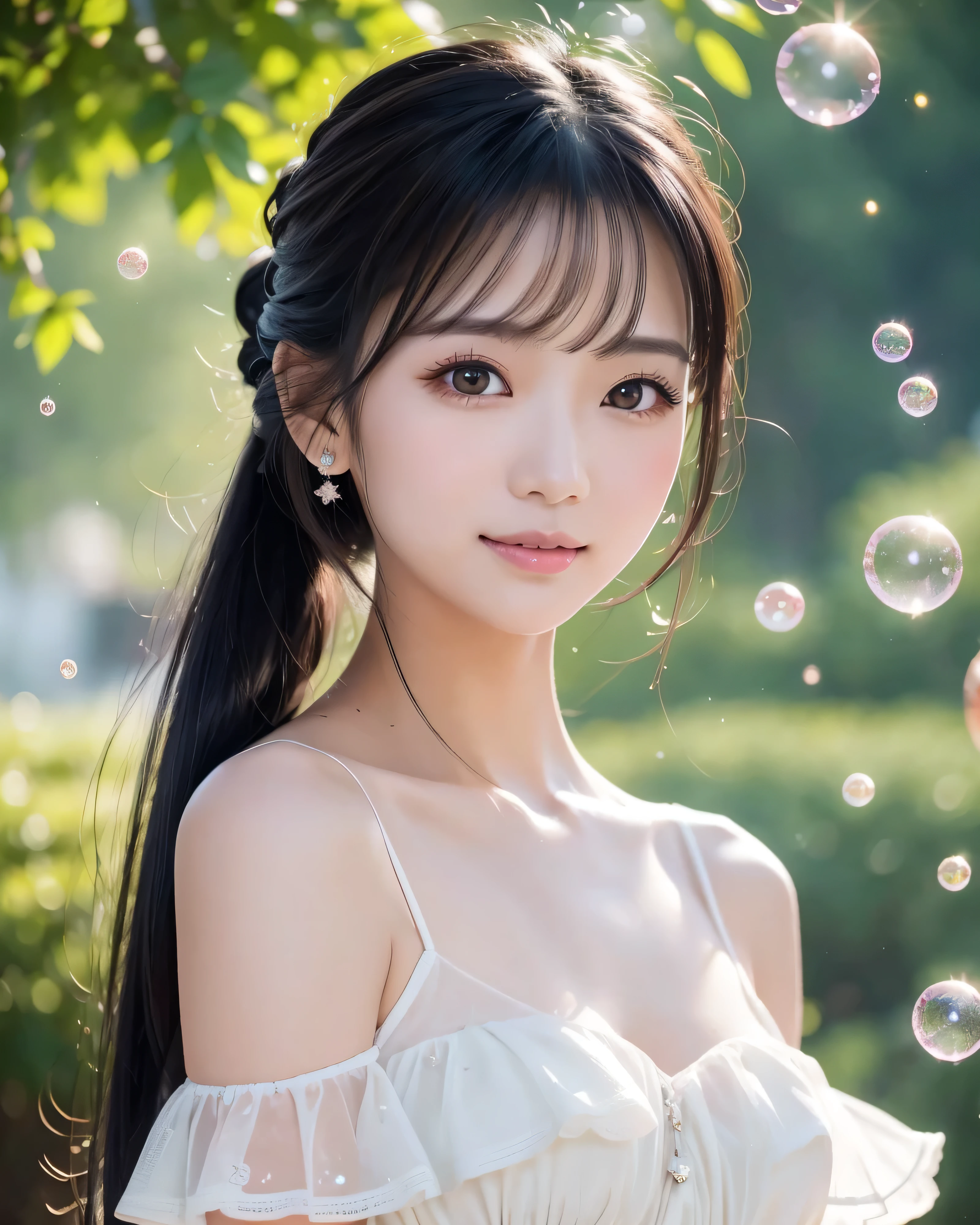 (highest quality, 32k, High resolution, Masterpiece:1.5, ), marimo_jet, Memorable photographs in an abstract style, ((In a swirl of fantastic pastel colors and soft light)), Evoking a sense of calm and elusive beauty, Very rich emotional expression, Have a rich imagination, Cute Japanese Girls, whole body, Unexpected angle, An exceptionally beautiful face, Magical big eyes, A gentle smile, Motherhood and generosity, Overflowing affection, ((Shiny black hair)), (Ponytail swaying in the wind), Beautiful asymmetrical bangs, Hair between the eyes, Transparent and soft white skin, Neat, thin eyebrows, double eyelid, Detailed pale pink lips, ((white see-through dress)), Off the shoulder, High resolution perfect collarbone, High resolution beautiful bust, Slender body with ample breasts, High resolutionの美しい太もも, Soft sunlight, (Colorful sparkling light particles:1.3)Professional Lighting, Professional Photographer, Professional Model,mysterious