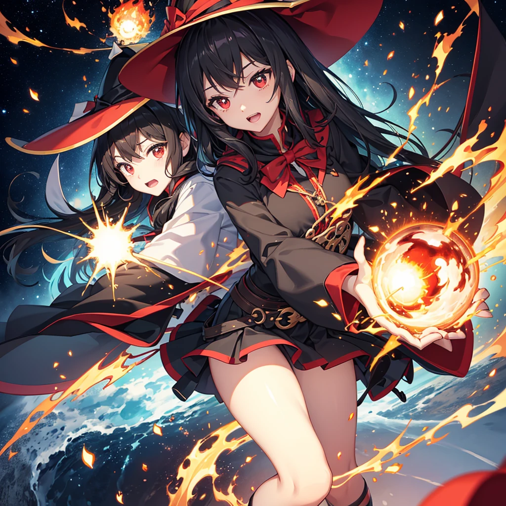 ((Black Hair　magic circle　Witch Hat　Red eyes　woman))　((explosion　Explosion　wand of flame　starのペンダント　fire　beam))　(Magic Robe　shine　star　Streaks of Light　Black Hole)　moon　彗star　incantation　Runes