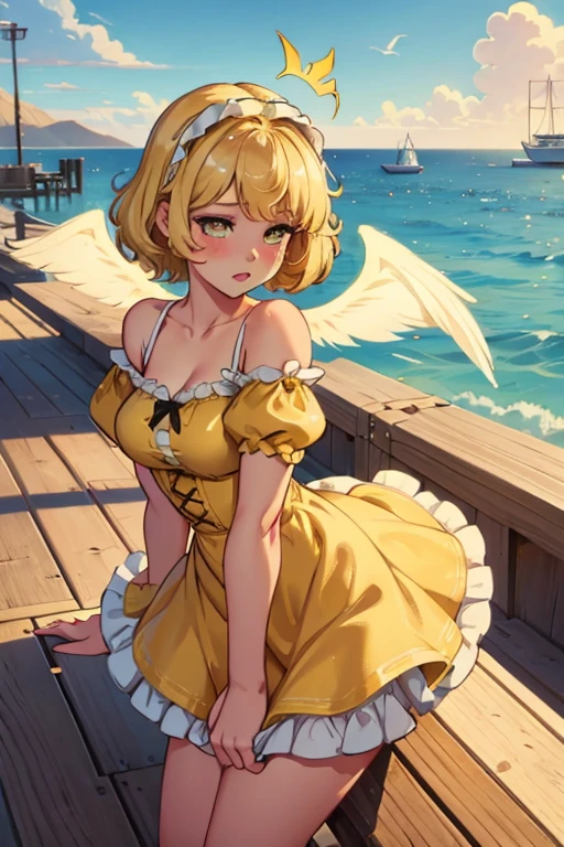 A blonde haired female angel in a cute yellow lolita dress with hazel eyes and golden wings is blushing on the docks at the beach