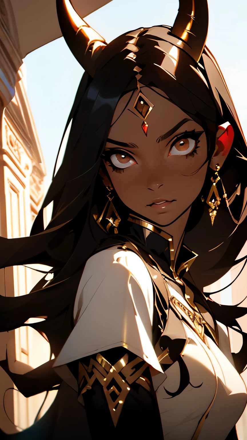 [devil girl], [brown skin], [egyptian jewelry], ((brown skin)), (light brown eyes), ((black horns)), ((devil)), [white dress], ((black hair)), (((1girl))), looking at camera, seductive