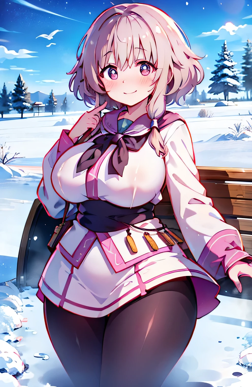 Anime illustration、highest quality、A short and voluptuous high school girl traveller、Snow Country、airport、Perfect proportions、overwhelmingly big breasts、Beautiful, shining eyes、Blushed、smile、Cowboy Shot