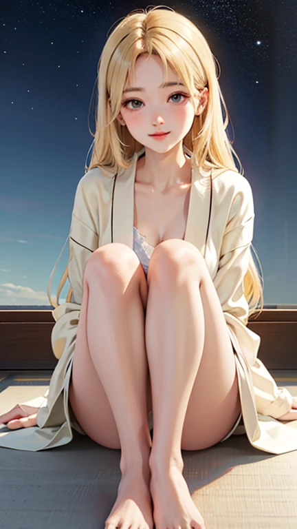 Blushing lightly and smiling, (Top quality masterpiece:1.2) Delicate illustrations, Very detailed, /Beautiful Japanese Woman、1 person,Very cute and slim、Excellent style 、((8K images、super high quality))、Very delicate face, Beautiful forehead、Beautiful thighs、Beautiful feet、Deep red lipstick,(((((Long Hair、Gradient Hair、Blonde))))),very cute、Kind eyes,(Bathrobes)、starry skies、Night view、Cafe、Date