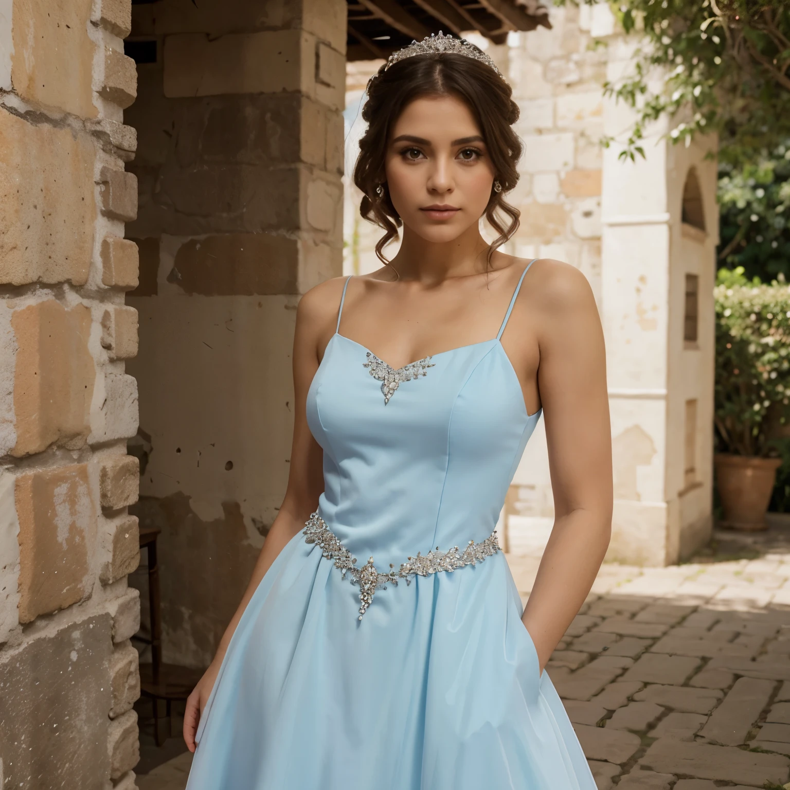 There is a pretty girl (Jaclyn Soares), em um vestido azul longo e detalhado, natureza, um amontoado de rosas cor-de-rosa do lado de fora da casa, architectural render, natureza, integration, (Melhor qualidade, alta qualidade, absurdo, detalhes intrincados, obra de arte, filme), Alto detalhe, desfoque de movimento, filme Grain, barulho, efeitos de lente,