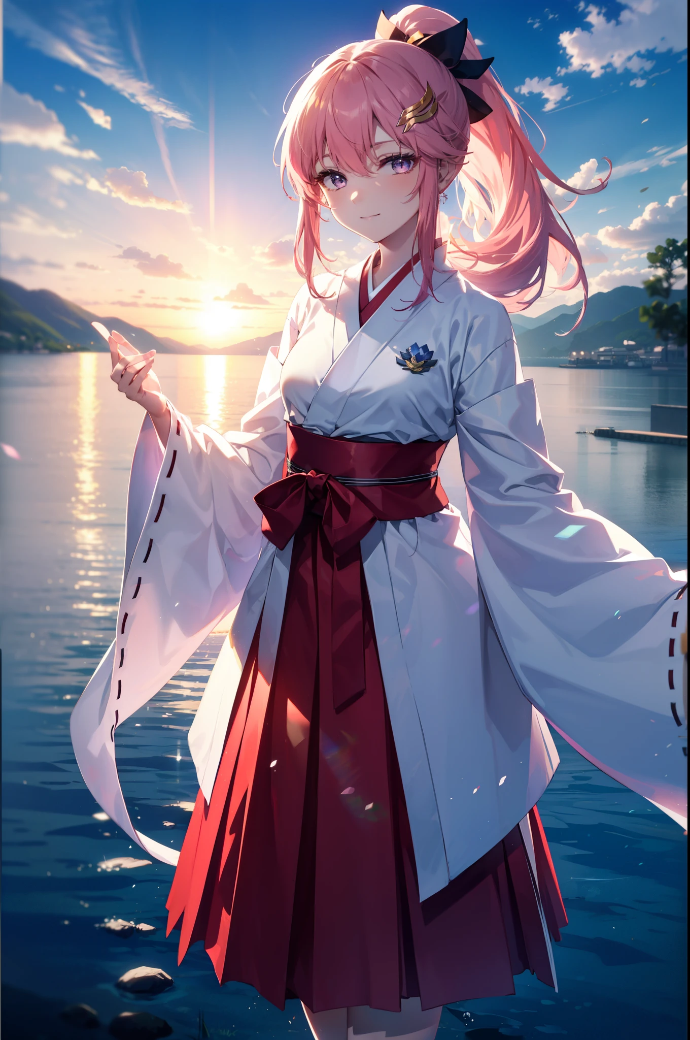 Lacas Klein, Klein Lake, (Purple eyes:1.1), hair ornaments, Long Hair, wave hair ornaments, Pink Hair, smile,Platycodon grandiflorum,Miko, White Kimono,Red Hakama ,White tabi,Sandals,kimono, As with the skirt, Wide sleeves, Long sleeve,Ribbon-trimmed sleeves,  Low ponytail, Daytime,Clear skies,
Watching the audience, Are standing,
break looking at viewer, (Cowboy Shot:1.5),
break outdoors, null間, star \(null\), sun, 
break (masterpiece:1.2), highest quality, High resolution, unity 8k wallpaper, (figure:0.8), (Beautiful fine details:1.6), Highly detailed face, Perfect lighting, Highly detailed CG, (Perfect hands, Perfect Anatomy),