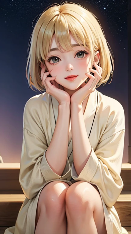 Blushing lightly and smiling, (Top quality masterpiece:1.2) Delicate illustrations, Very detailed, /Beautiful Japanese Woman、1 person,Very cute and slim、Excellent style 、((8K images、super high quality))、Very delicate face, Beautiful forehead、Beautiful thighs、Beautiful feet、Deep red lipstick,(((((short hair、Gradient Hair、Blonde))))),very cute、Kind eyes,(Bathrobes)、starry skies、Night view、Cafe、Date