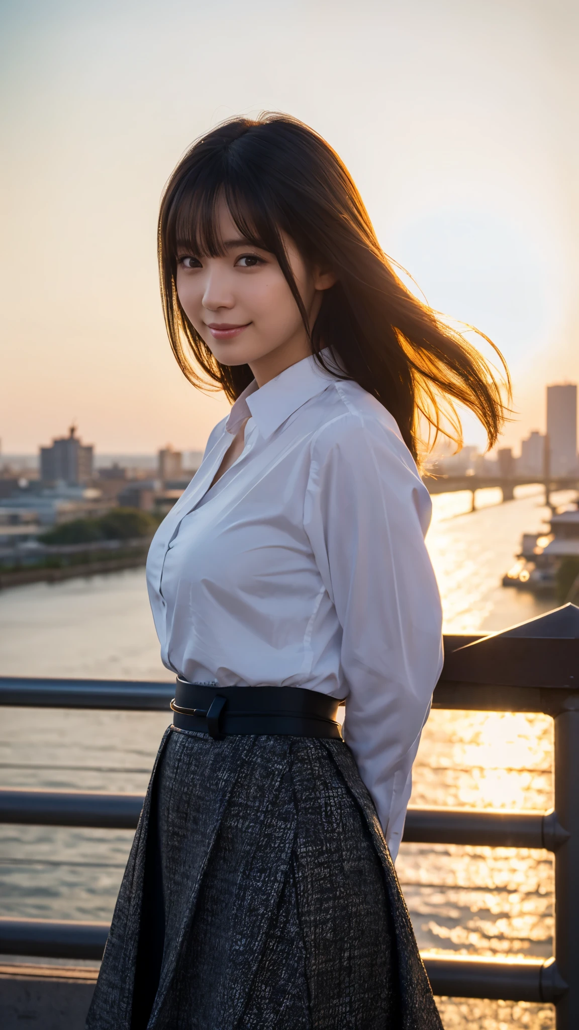 (highest quality,masterpiece:1.3,Ultra-high resolution),(Super detailed,Caustics,8k),(Photorealistic:1.4,RAW shooting),Buckshot,Japanese,23 years old,cute,Are standing,(Smiling and looking at the camera),Black Hair Middle Hair,Big Breasts,White blouse,Knee-length skirt,Strong winds,Hair blowing in the wind,Rooftop,Backlight,Sunset,Sunset sky,Waist up shot,Face Focus,Natural light