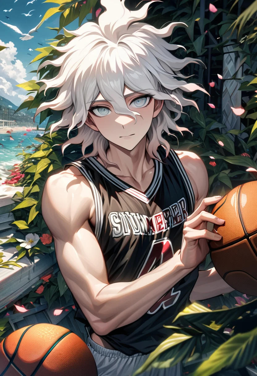 Ultra detailed, Highres, HDR, absurdres, Komaeda Nagito, white hair, expressive silver eyes, patterns, Danganronpa, black tight shirt, sexy man, handsome, solo, extremely detailed face and eyes, petals, green leaves, summer, birds, toned chest, master piece, basketball uniform,
