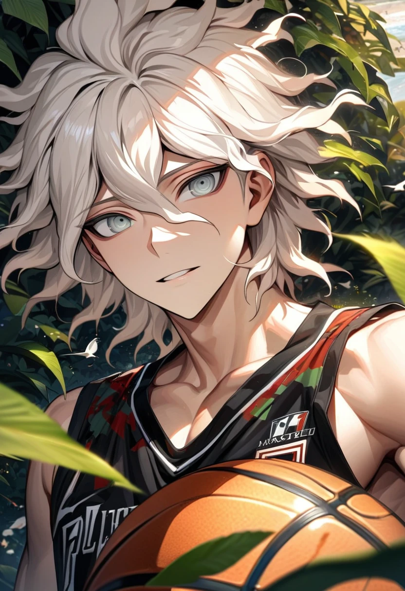 Ultra detailed, Highres, HDR, absurdres, Komaeda Nagito, white hair, expressive silver eyes, patterns, Danganronpa, black tight shirt, sexy man, handsome, solo, extremely detailed face and eyes, petals, green leaves, summer, birds, toned chest, master piece, basketball uniform,