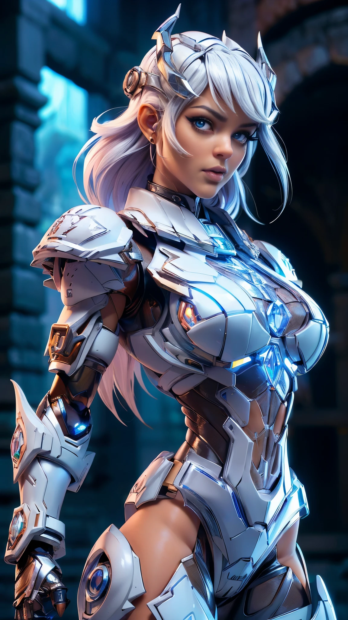 (La mejor calidad,A high resolution,Ultra - detallado,actual),Ariana Grande pelo blanco, Enorme ,( ARMADURA DE TRAJE PESADO DE CRYSTAL DRAGON white cyborg :1.4) ,,(Fondo de ruinas de mazmorra en ruinas:1.4 ), (dedos perfectas: 1.5) , (Transparente plastic white cíborg :1.4 ) , cuerpo grueso,( ABS Muscular) .(Detalles de la cara: 1.5, ojos azules brillantes, hermoso rostro, ojos bonitos, Contorno del iris, labios delgados: 1.5, Thin, sharp pale eyebrows, Long, dark eyelashes, double tabs),,(Fondo de ruinas de mazmorra en ruinas:1.4 ), (Obra maestra: 1.4), (8K, realista, foto cruda, La mejor calidad: 1.4),(dynamic pose), (perfect anatomy)